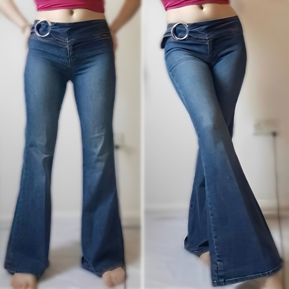 Bench Jeans w/ Silver ORing Denim Belt Closure & Red Embroidered Pocketless Back